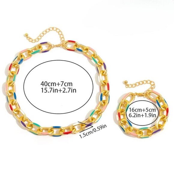 NWT Necklace & Bracelet Jewelry 2PCs Set Colorful Enamel Chunky Oval Link Choker - Picture 6 of 7